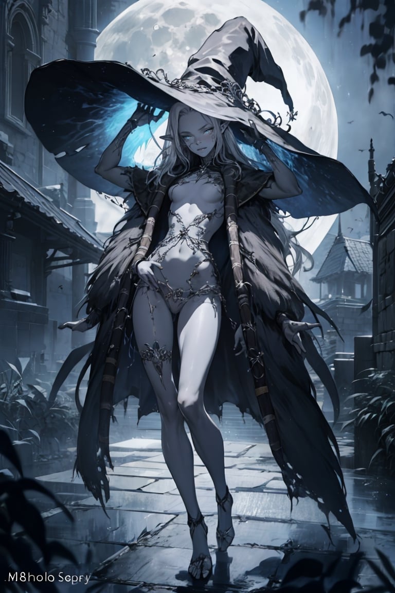 (masterpiece fantasy cinematic,  best quality,  night:1.3),  full body,  (a dark elf girl:1.1),  pointy ears,  (tiny,  petite,  18 years old:1.2),  white hair,  topless,  gothic clothes,  (colored skin,  grey skin,  dark skin:1.2),  (busty,  sexy:1.1),  medium tits,  narrow waist,  blush,  in love,  (giant silver glowing moon:1.1),  mystic background,  trending on DeviantArt,open chest , 4 arms,the witch's hat,Ranni