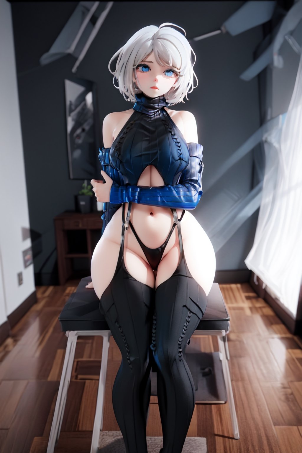 masterpiece, best quality, highres, pvc, render, chibi,masterpiece, best quality, ,1girl, grey hair,short hair, blue eyes,bodysuit, medium breasts,clothing cutout,background,vds,faust_limbus,detached sleeves, black sweater, black thighhighs, black panties,best hands,cozy room,room,black sleeves,3D,