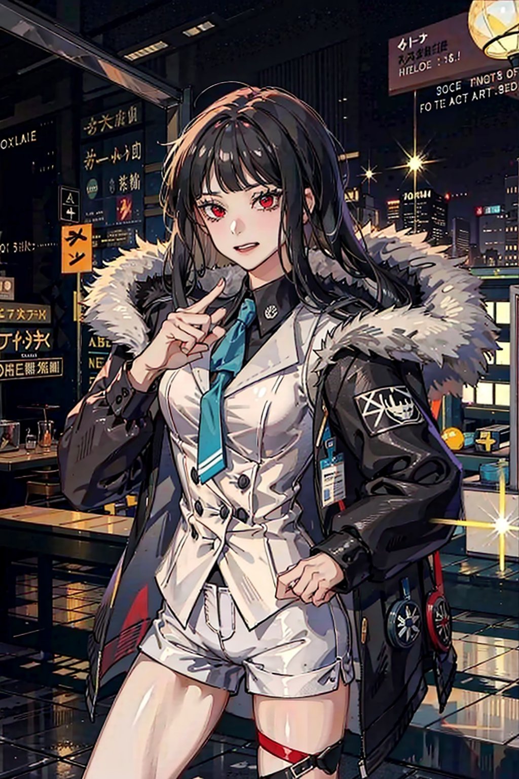 1 girl,masterpiece, best quality, 1girl, red eyes, black hair, bangs,shirt, jacket, fur trim, shorts, necktie,yuzu, 1girl,beautiful city of the future in the background