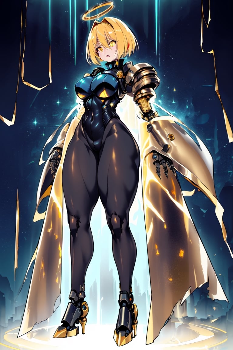 surreal, hyper realistic, HDR, 1girl, solo, futuristic, night time, (massive ass), wide hips, ((((thick thighs)))), ((((pantyhose)))), black mech suit, blue armor, ((big mechanical arms with claws)), (gold halo), (((blue jacket))), ((evil laugh and angry expression)), (apocalyptic sky), lightning, dark background, ((caret haircut), short (gold hair)), ((((gold glowing eyes)))), full body view, standing straight, ((spread legs)), mechanical legs, robot feet, relaxed, robotic accessories
,don quixote \(limbus company\),mechanical arms