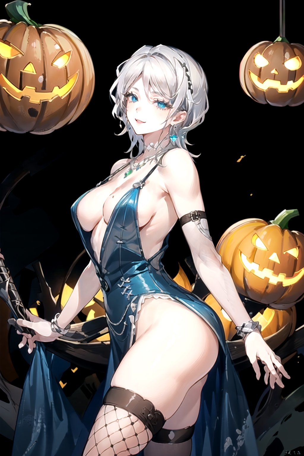 masterpiece, Beautiful woman in anime style, stylish pose, 
heart-shaped eyes, witch, Woman dressed in a spooky Halloween costume, holding a carved pumpkin, surrounded by pumpkin, 
8k, very clear, bare shoulders, looking at viewer, shoulder cutout, simple background, solo, highest quality, high resolution. 
best quality, illustration, showing panties, sax blue, platinum earrings, platinum necklace, 1girl, cute, (dynamic lighting:1.2), cinematic lighting, delicate facial features, detailed eyes, sharp pupils, realistic pupils, depth of field, bokeh, sharp focus, (hyper-detailed, bloom, glow:1.4), many small gems,faust_limbus, large ass, thick eyelashes, long eyelashes, (revealing dress:1.5 + fishnets:1.3 + arm straps:1.4 + thigh highs:1.4, large earrings, choker, bracelets,  cute smile:1.4, seductive:1.6, looking at viewer:1.4