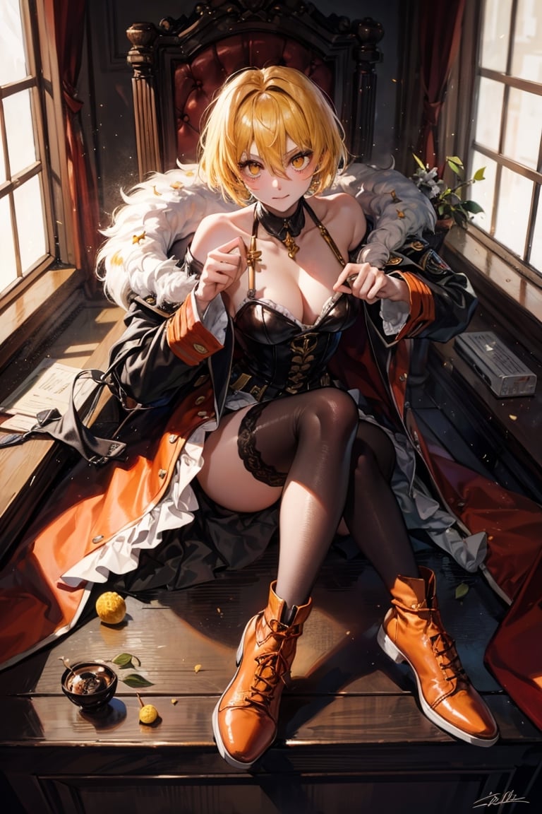 masterpiece, best quality, 1girl,yellow eyes, blonde hair, short hair, orange fur coat,open neck, blush,look of contempt,open chest,(masterpiece:1.3, best quality:1.3), (8k, highres, raytracing, perfect lighting, OverallDetail, detailed), foot curtain with legs,dress,don quixote \(limbus company\)