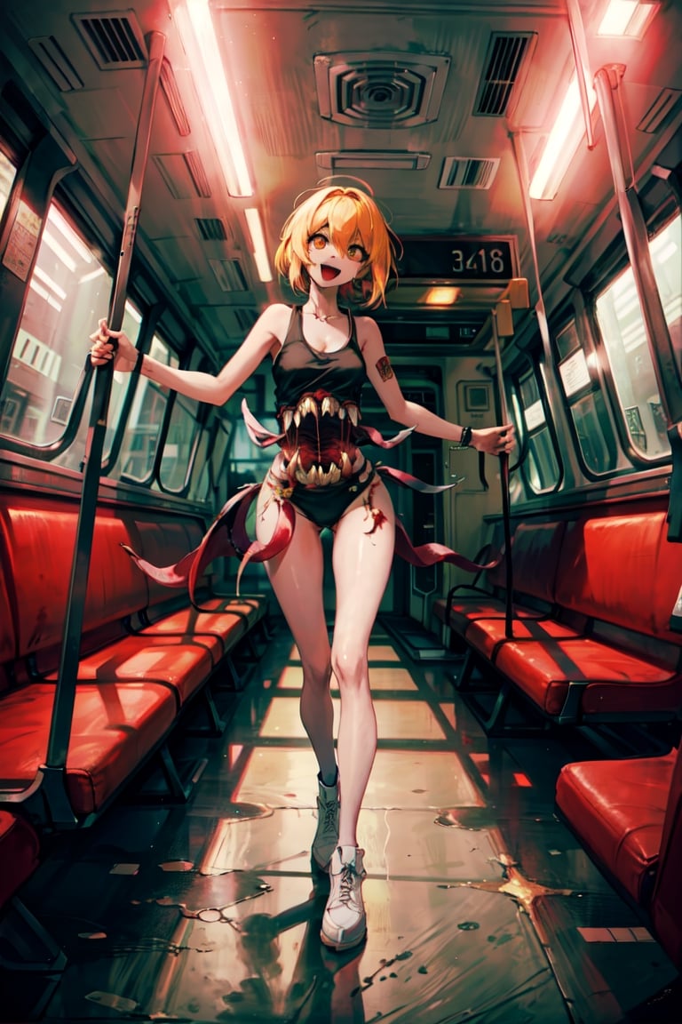 don quixote \(limbus company\),monster girl,full body, (in bus, bus interior:1.3),smiling,tanktop, (cyberpunk city), red sky, night,extra mouth, sharp teeth, body horror, sharp teeth,sharp teeth,open mouth , long monster tongue