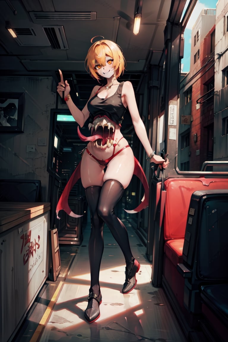 don quixote \(limbus company\),monster girl,full body, (in bus, bus interior:1.3),smiling,tanktop, (cyberpunk city), red sky, night,extra mouth, sharp teeth, bodyhorror,