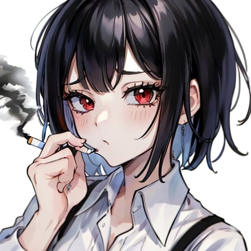 cigarette in the mouth, red eyes, short hair,black hair,NoBitchesHighly detailed, High Quality, Masterpiece, beautiful,solo, girl,white shirt,NoBitches