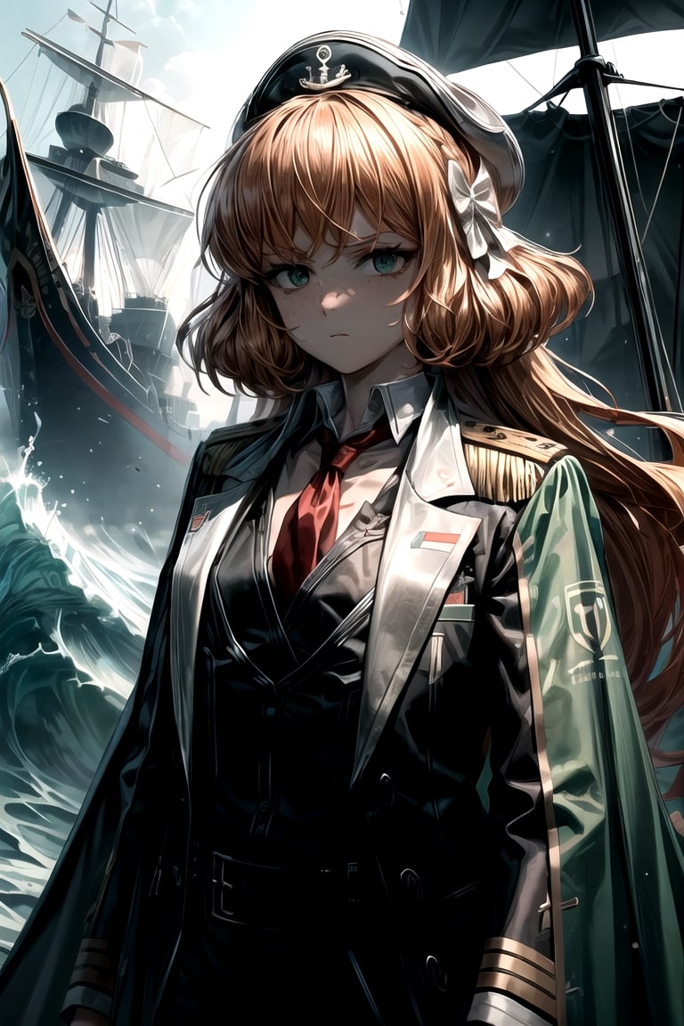 (A small chest:1.2),(masterpiece, best quality:1.2),(beautiful,  perfect, delicate, intricate:1.1),1 girl,adult  woman,light green eyes,orange half-up half-down hairstyle,solo,upper body,looking down,detailed background,ship captain,serious,dark green neon captain uniform,elegant cloak,green captain hat,decorations,dynamic pose,on deck of ship,anchor,dawn,dramatic lighting,epic atmosphere,waves on the horizon,
