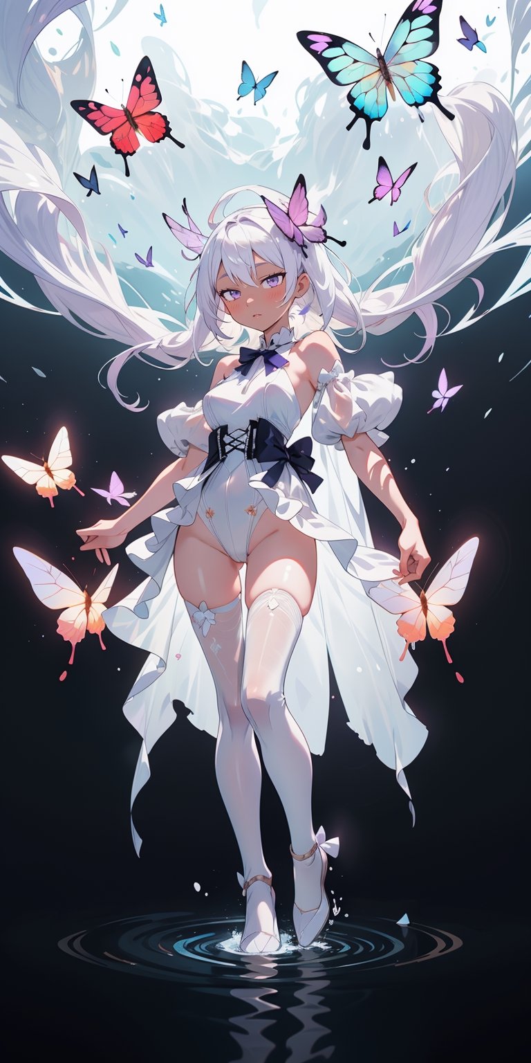 A girl with long white hair with lilac bow with ribbon, white skin, wearing transparent water style clothes, water everywhere, all around, water background, transparent, beautiful lighting, amazing detailed lighting with particles, full_body, butterflies_around. ,don quixote \(limbus company\)