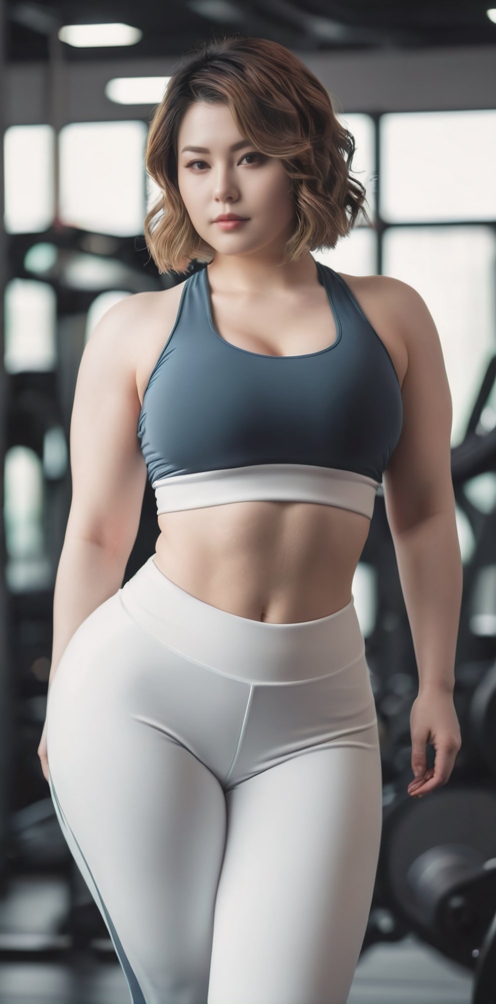 portrait a woman, pretty Japanese face, short wavy hair, (white pale skin:1.4), (chubby body:0.6), toned abs, navel, big curvy toned thighs, huge but, tight fitting gymwear, leggings, seductive pose, standing sideways, depth of field, gym indoor shot,LinkGirl,ellafreya