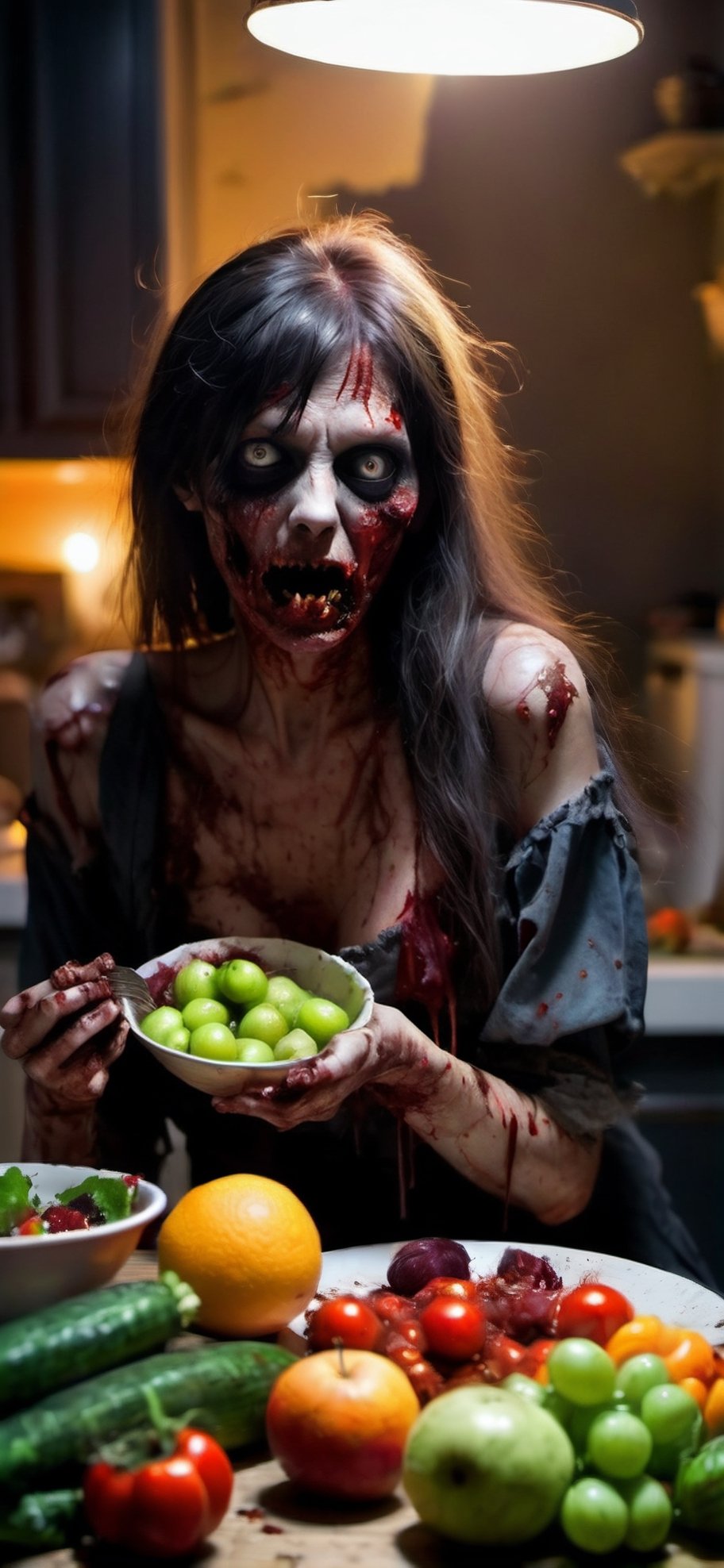 Weird and horrifying a zombie woman are in the kitchen, Long fangs, sitting and eating fruits and vegetables scattered on the dining table, wearing torn and dirty clothes, very low lights, night shot, hard shadow 