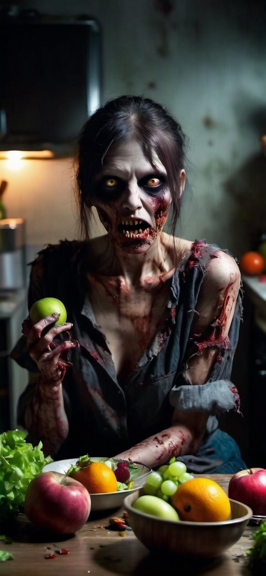 Weird and horrifying a zombie woman are in the kitchen, Long fangs, sitting and eating fruits and vegetables scattered on the dining table, wearing torn and dirty clothes, very low lights, night shot, hard shadow 