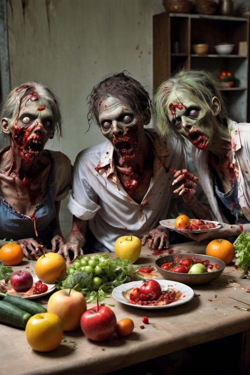 Weird and horrifying 5 zombies are in the kitchen, eating fruits and vegetables scattered on the dining table, wearing torn and dirty clothes