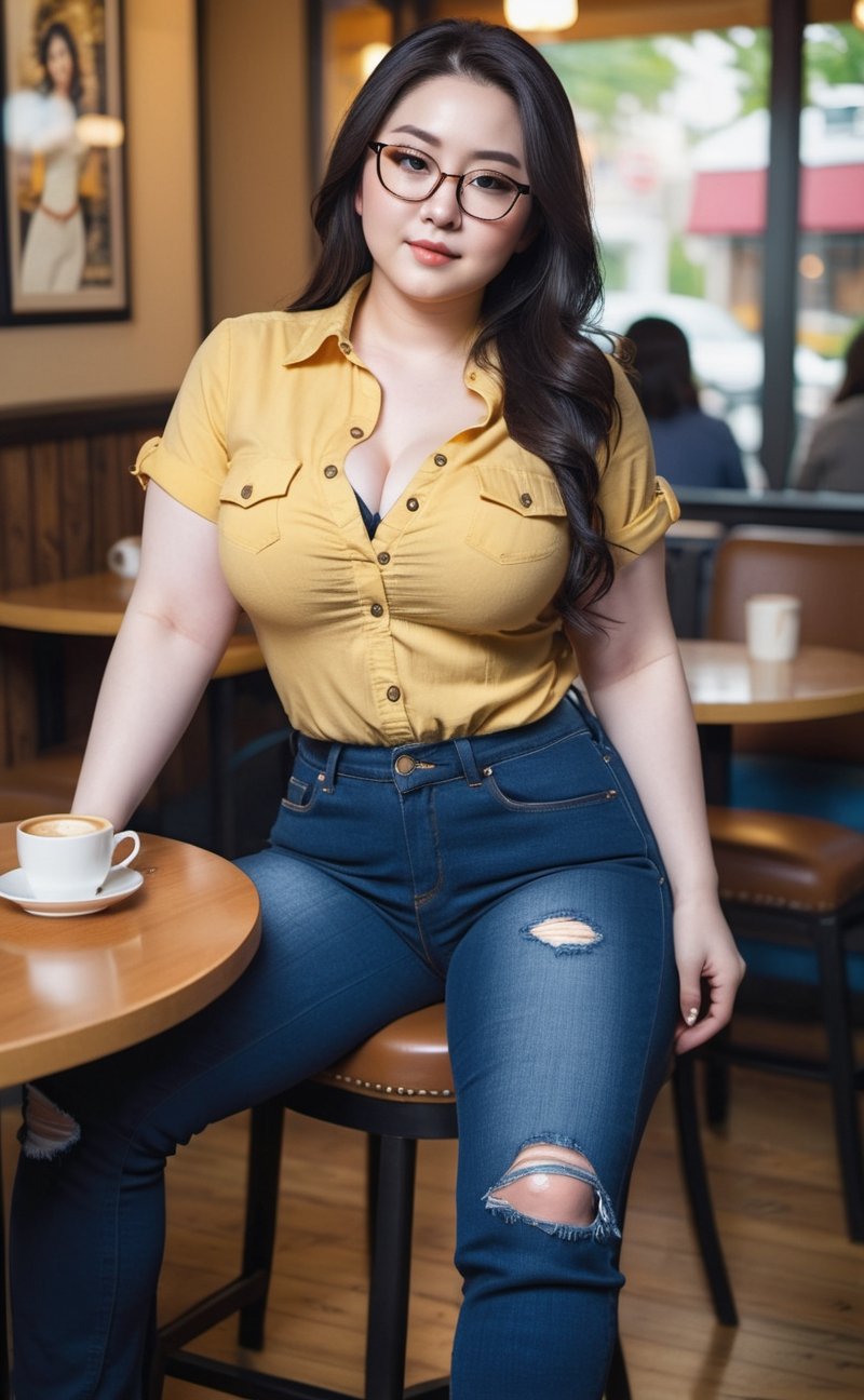 25yo sexy size plus woman, chubby body, attractive Japanese face, short sleeve yellow blouse, long jeans, ripped jeans, huge perky firm breasts, toned abs, long wavy black hair, (pale skin:1.5), curvy toned thigh, cleavage, coffee shop, table, chair, semi rimless glasses, sitting, p3rfect boobs, seductive, dramatic, aesthetic