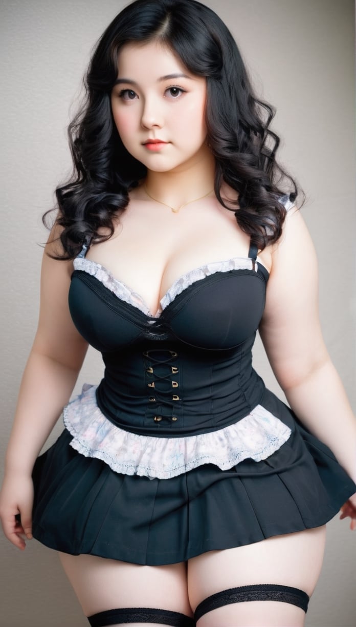 18yo Japanese girl, chubby body, tight fitting, Lolita dress, perky breasts, model pose, toned abs, wavy black hair, pale skin, deep cleavage