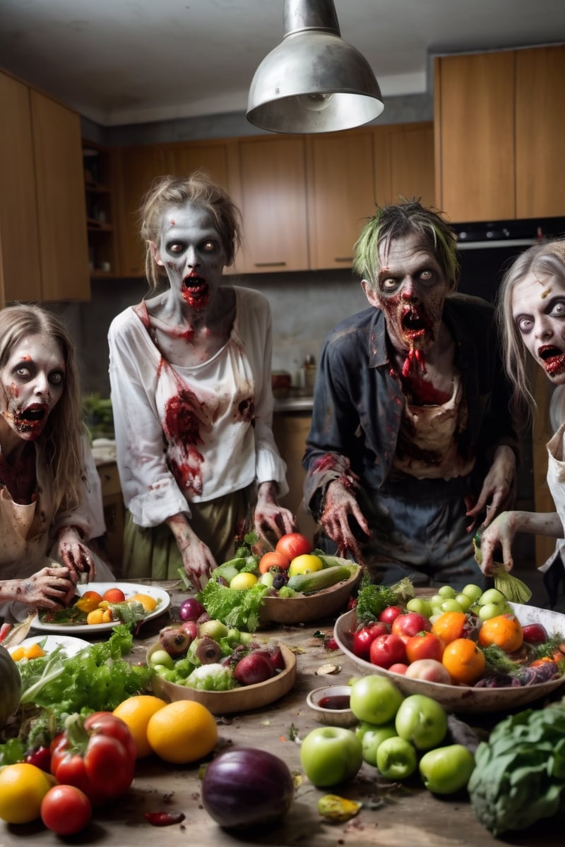 Weird and horrifying group of zombies are in the kitchen, eating fruits and vegetables scattered on the dining table, wearing torn and dirty clothes