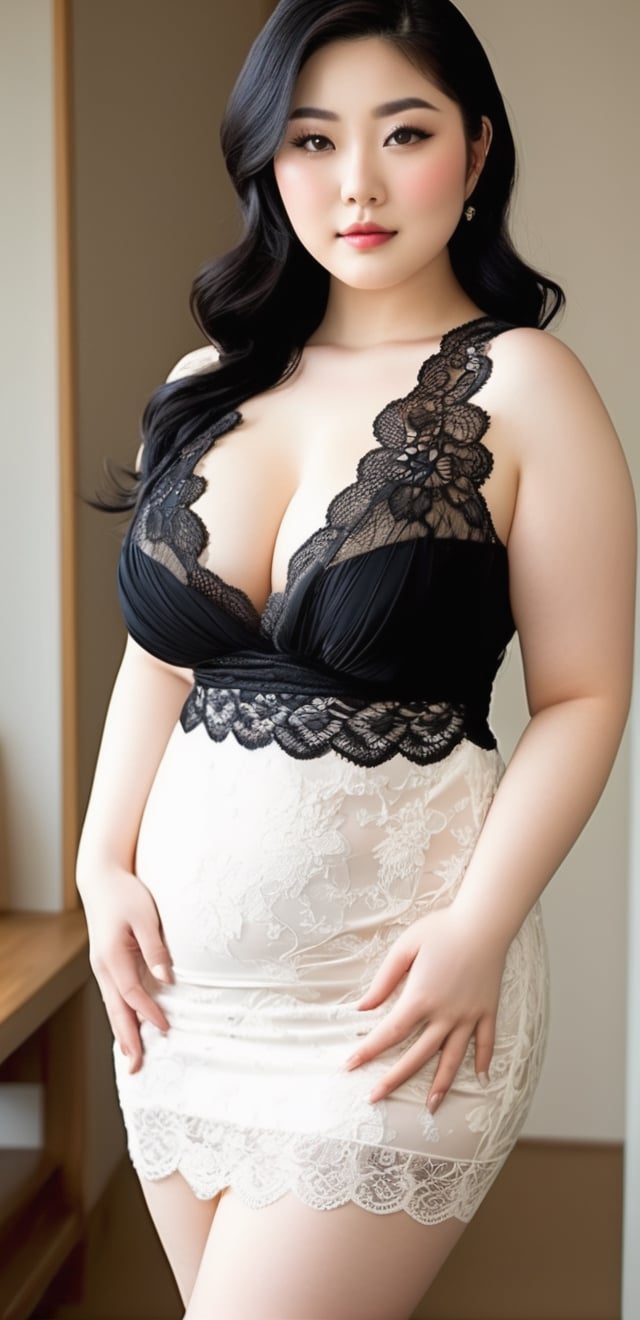 25yo woman, stunningly beatiful japanese face, (chubby body:1), small waist, messy black hair, pale skin, medium perky breast, deep cleavage, lace bodycon, model pose, (full body:1.3)