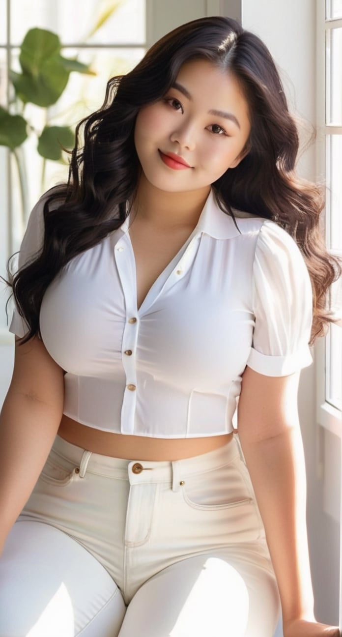 18yo girl, cute japanese face, pale skin, huge chubby body, thin lips, slightly smile, gorgeous long wavy black hair, medium perky breast, cleavage, white short sleeve blouse, white short jeans, sitting and seductive pose, aesthetic white wall, table, window, morning sunlight, popular Instagram style photo