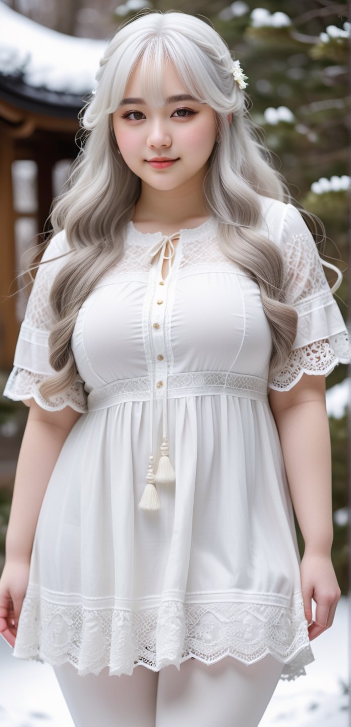 Teenage beautiful Japanese girl, slightly chubby body, pale skin, long wavy air bangs white hair, slightly smile, seductive standing model pose, small firm breast, big curvy thighs, aesthetic, soft light, short sleeve long lace tunic blouses, untucked blouses, white jeans, winter, snow,Extremely Realistic