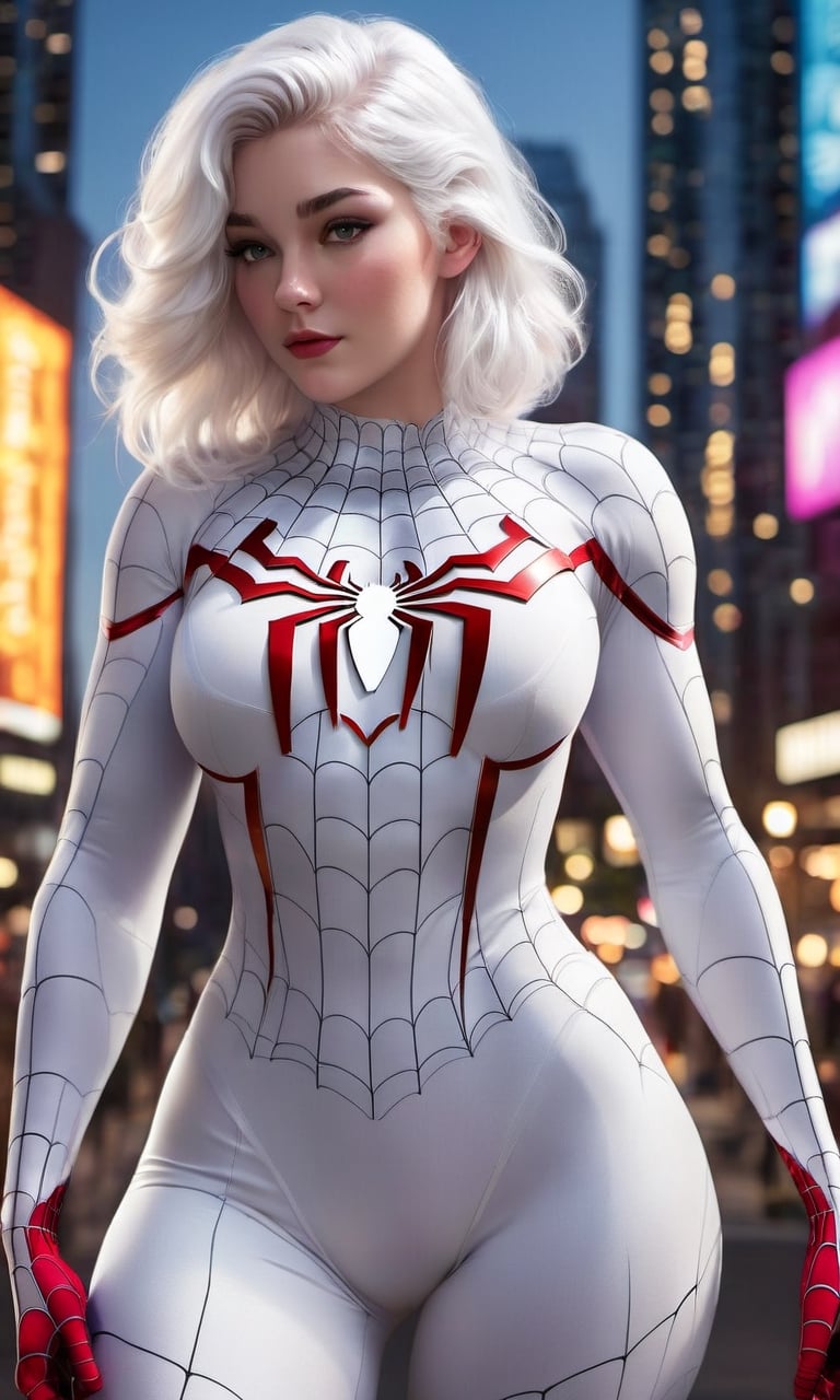 22yo youthful girl, pudgy cheeks, most beautiful face, detailed face, pale skin, (sexy plus size body:1.4), (white Spiderman suit:1.5), large perky breasts, huge but, gorgeous short white hair, building, city lights, neon lights, movie lights, dramatic, look at viewer, (photorealistic:1.4), standing in sideways,(full body:1.2)