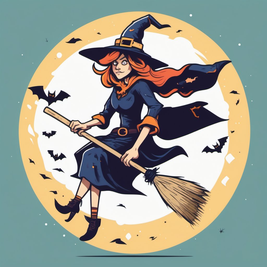 full,witch flying on her broom  full boty rotting, flat colors ,LogoRedAF