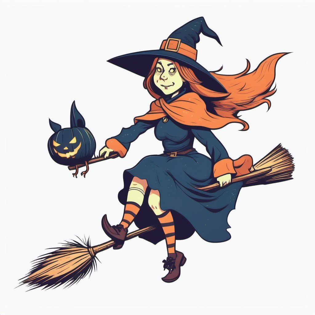 full,witch flying on her broom  full boty rotting, flat colors ,LogoRedAF