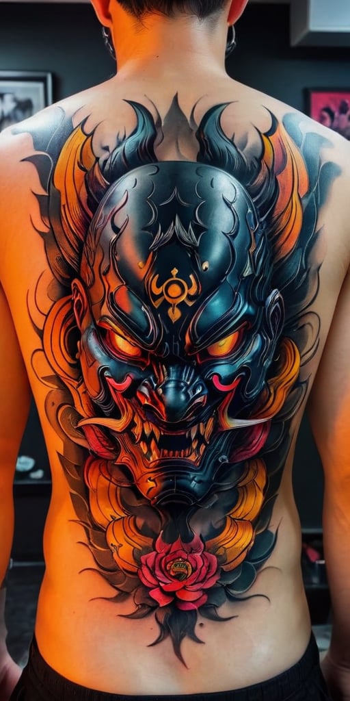 Generate hyper realistic image of a  a man with back to the viewer. He has full back tattoo on his wide back. Tattoo is a menacing traditional Japanese oni masks  with demon details, combined with the presence of a coiled serpent.The mask has a fierce and ominous expression, characterized by deep-set, hollow eyes, a prominent nose, and a wide-open mouth revealing sharp fangs. The mask's surface is detailed with flowing lines and shading that give it a three-dimensional, sculpted appearance. The presence of horns on the mask enhances its demonic and intimidating look.A snake is intertwined with the mask, wrapping around it in a sinuous, fluid motion. The snake's scales are meticulously detailed, creating a realistic texture. The serpent’s head emerges from the top of the mask, with its mouth open, displaying its fangs and forked tongue.,tattoo,FuturEvoLabTattoo,GlowingTat,tag score,oni style