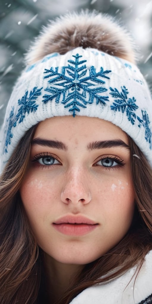 Generate hyper realistic image of an 18-year-old woman with a unique birthmark resembling a delicate snowflake on her forehead, elegantly dressed in winter attire, enjoying a day in a snow-covered forest with towering pine trees.Extremely Realistic, up close, 