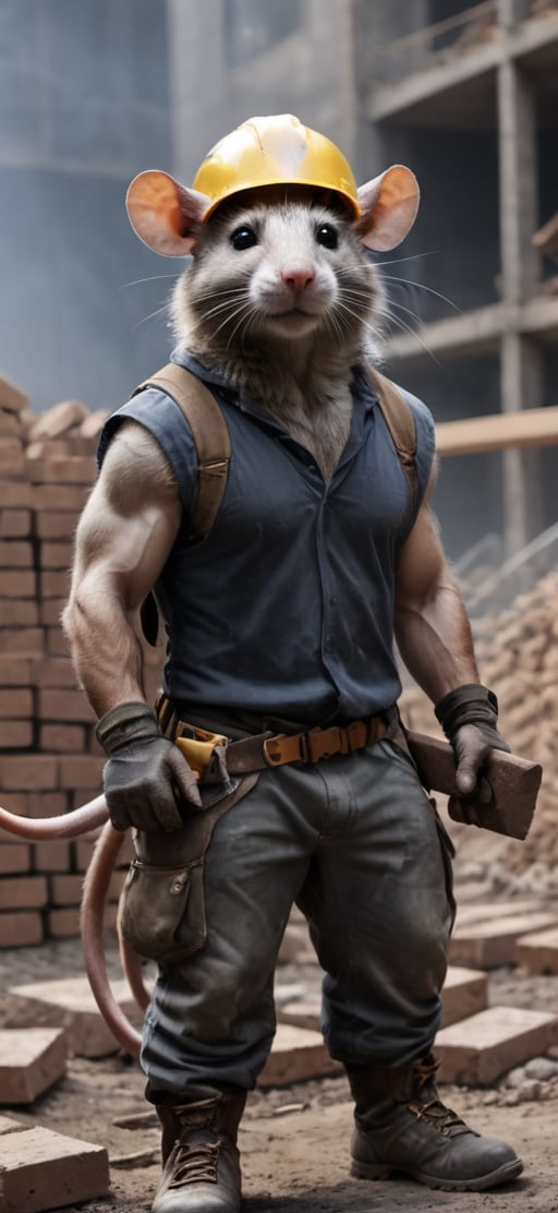  create a Bunch of rat with mens body.carrying bricks in construction site,athletic human body,  visible tails, wearing work safety outfit and helmet, work shoes , sharp focus,symetrical size . ,Movie Still,more detail XL