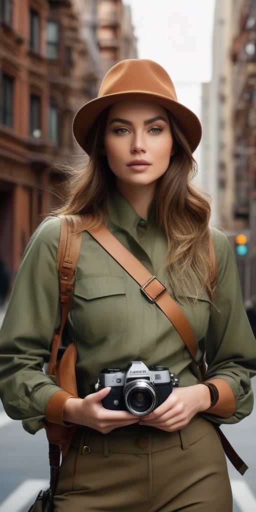 Generate hyper realistic image of a woman in urban photography expedition attire—utilitarian yet chic outfit, camera in hand—as she captures the intricate details of city architecture in an exploration of visual storytelling.((upper body))