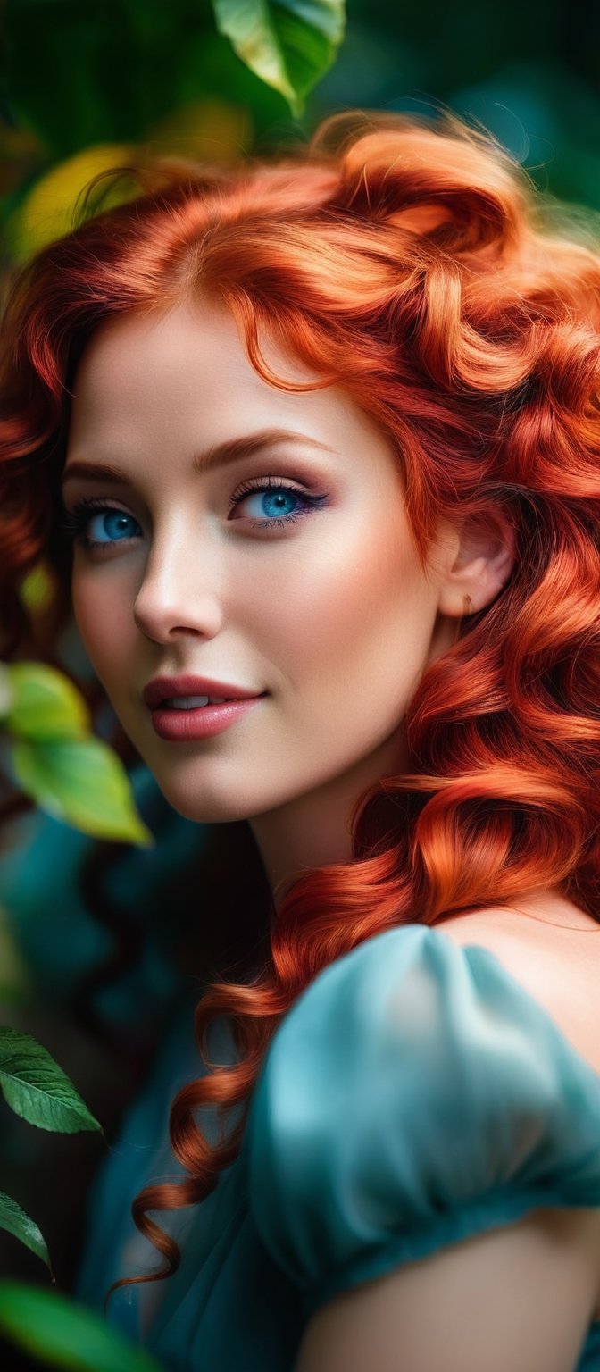 Generate hyper realistic image of a moment frozen in time, where a beguiling woman, her red hair a fiery cascade of curls, shares a knowing smile with the viewer. Her piercing blue eyes twinkle with mischief as she lounges against a backdrop of blurred foliage. Adorned with subtle earrings that catch the light, she embodies a natural beauty, her lips parted in a playful expression, her head tilted in coy invitation, sleeves grazing past her wrists in a relaxed gesture.