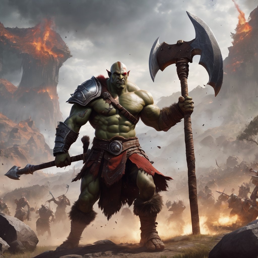 create a Orc chief  swinging his huge axe at dark elf.he is huge and muscular.he looking towards enemy. background  of battlefield ,cyborg style,Kratos 