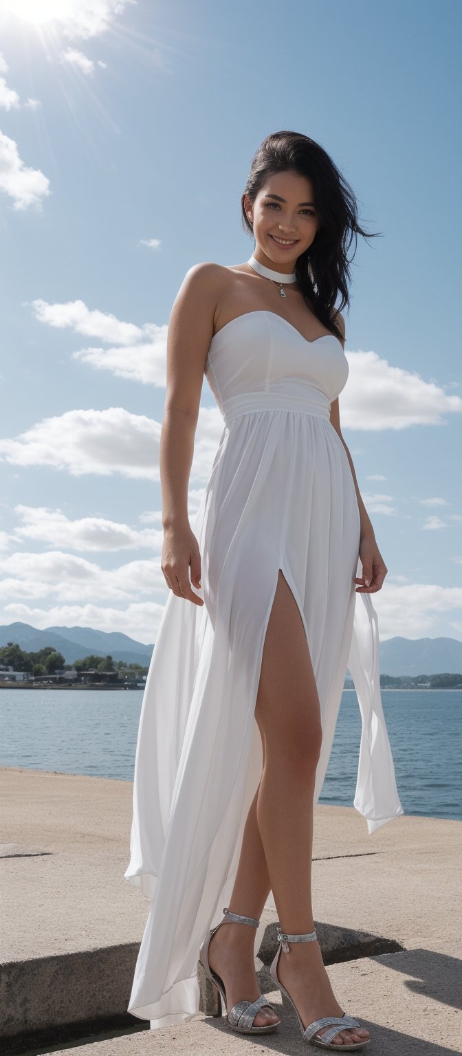 Generate hyper realistic image of a woman standing on a concrete platform with a serene body of water and a distant mountain range in the background. She gazes directly at the viewer with a warm smile. Her left hand rests gently on her right hand. She is dressed in a white strapless gown with a choker necklace around her neck. Her hair is styled in a sleek bob, and her black hair is pulled back in a ponytail. Her eyes are accentuated with dark brown eyeshadow, and she wears silver high-heeled sandals. The sky is scattered with white clouds.