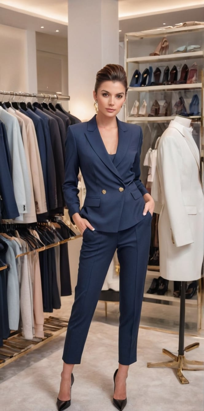 Generate hyper realistic image of a chic brunette with a polished French twist, elegant makeup, and a tailored designer pantsuit, playfully posing in a high-end boutique surrounded by luxurious clothing racks and accessories.up close