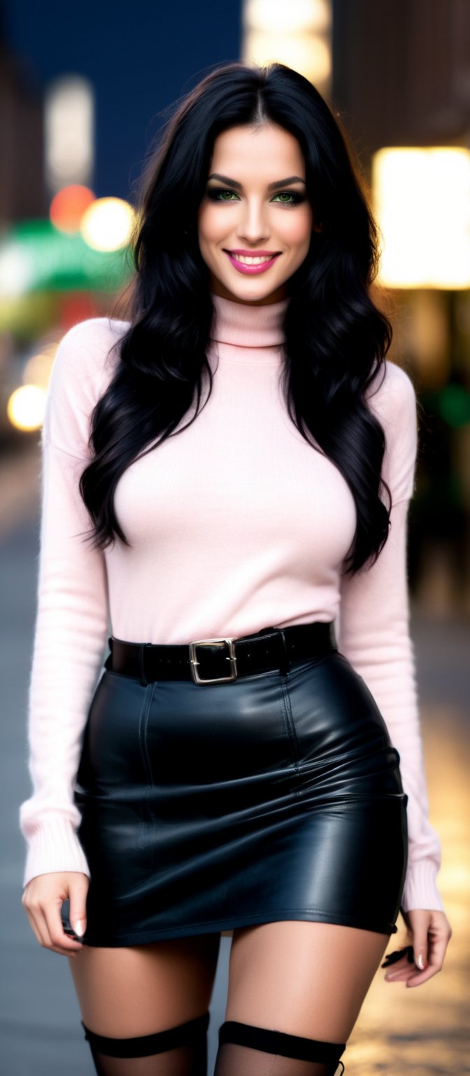 Generate hyper realistic image of a woman with long black hair looking at the viewer with seductive smile, as she walks down the street at night. She is dressed in a black leather skirt, thighhighs, and high heels. The city's blurry lights reflect off her green eyes and black lips. She has one arm at her side while her other hand is in her pocket. She wears a light pink turtleneck sweater with a black belt and garter straps, paired with brown ankle boots.