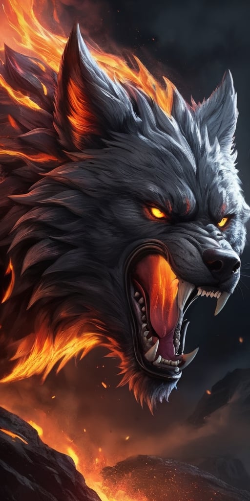 Create a lava wolf growling, from its mouth dripping lava , fire from eyes, enemy of humanity, screeching, up close, dark night, sharp focus, highly detailed,