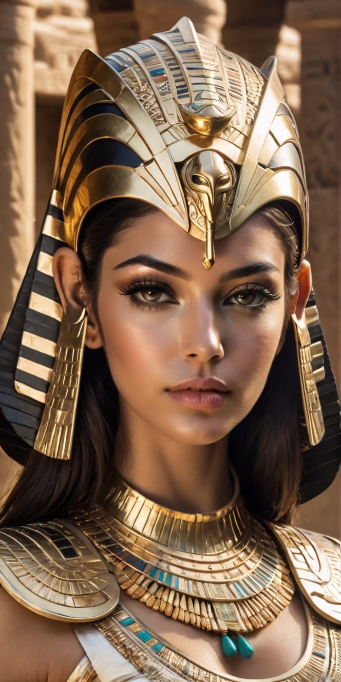 create a hyper realistic image of beautiful woman wearing  golden egyptian full facemask and attire, stunning and elegant, lost arc, up close , 8k, high detailed, sharp focus.,Extremely Realistic,Movie Still,Stylish,Man,Portrait,more detail XL,Sci-fi 