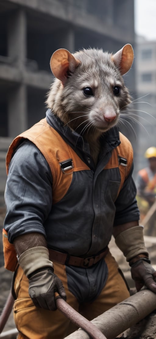  create a Bunch of rat with men body working in construction site, visible tails, wearing work safety outfit and helmet, , sharp focus, . ,Movie Still,more detail XL