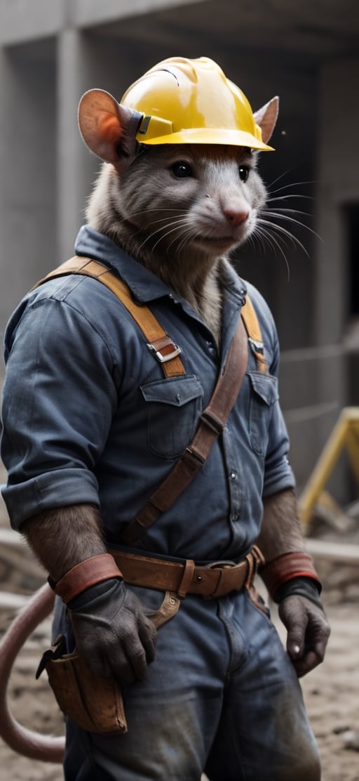  create a Bunch of rat man working in construction site, visible tails, wearing work safety outfit and helmet, , sharp focus, . ,Movie Still,more detail XL