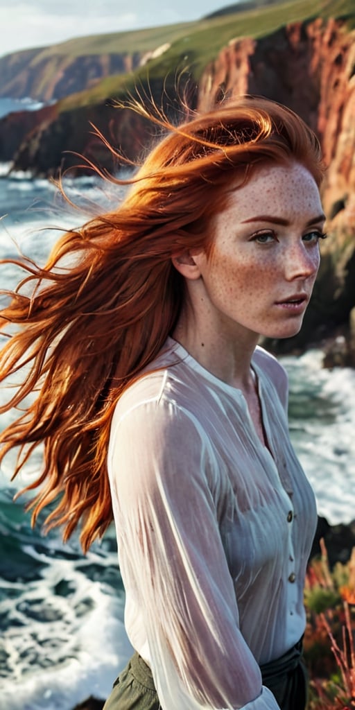 Generate hyper realistic image of a woman with a windswept mane of fiery red hair, her freckled shoulders exposed as she stands on a cliffside overlooking a rugged coastline, the crashing waves below creating a symphony of sound.