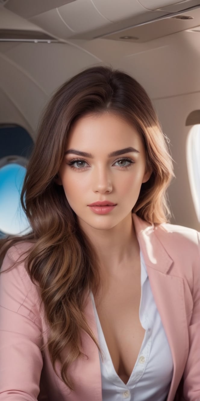  Create a realistic photo of beautiful woman siiting in private jet.enjoying the view through airplaine window.Long light brown hair, messy and stylish hair. brown eyes, long lashes , big puff lips, pink lips, dark make up, ralexed expression. wearing white  t-shir and blue denim jacket.up close.