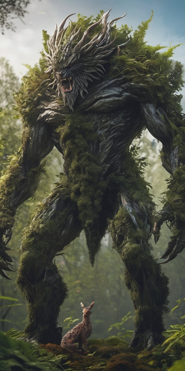  create a plant monster born to protect nature from humans.loving to earth ir hatred towards humans.he is resembling plants and animal beast.background of nature, sharp focus, high detailed.