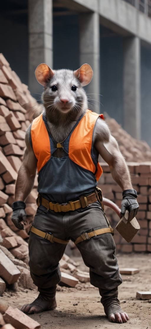  create a Bunch of rat with mens body.carrying bricks in construction site,athletic human body,  visible tails, wearing work safety outfit and helmet, , sharp focus,symetrical size . ,Movie Still,more detail XL