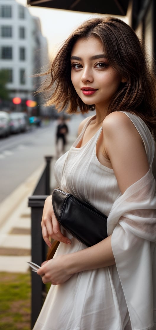 Create a beautiful woman drinking coffee outside coffee shop ,wearing a white silk dress, looking at the viewer,very curvy figure, vivid colors, brown hair, big and beautiful eyelashes, light_grey_eyes, black lips,looking happy.,Makeup,Realism,Epicrealism