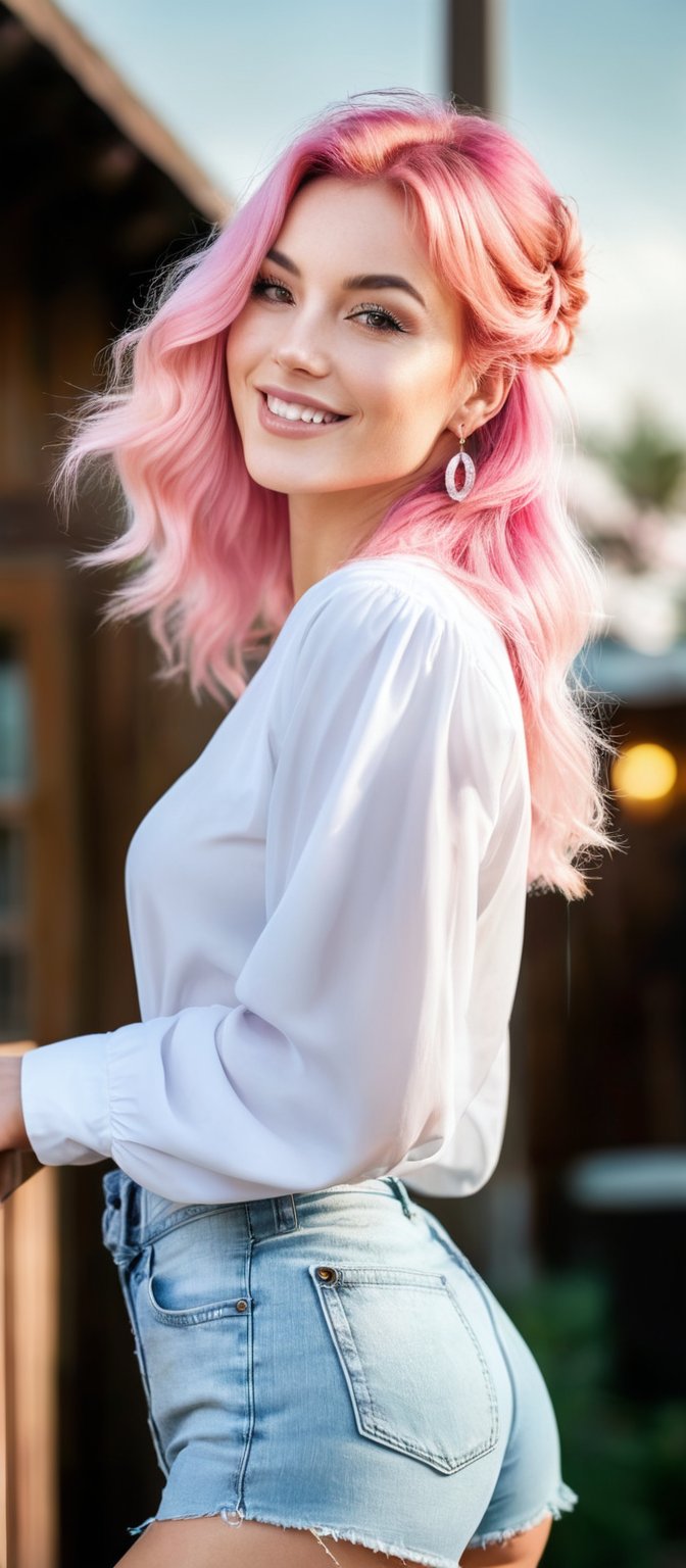 Generate hyper realistic image of a woman with long pink hair styled in a braid, with bangs gently resting on her forehead. She stands outside, smiling at the viewer while wearing a white shirt with puffy sleeves and high-waist shorts. The shirt has long sleeves that puff out, creating a stylish appearance. A ring adorns her finger, and she has earrings that catch the light. Her hair cascades over one shoulder, and the background is blurry, making her the focal point of the cowboy shot.