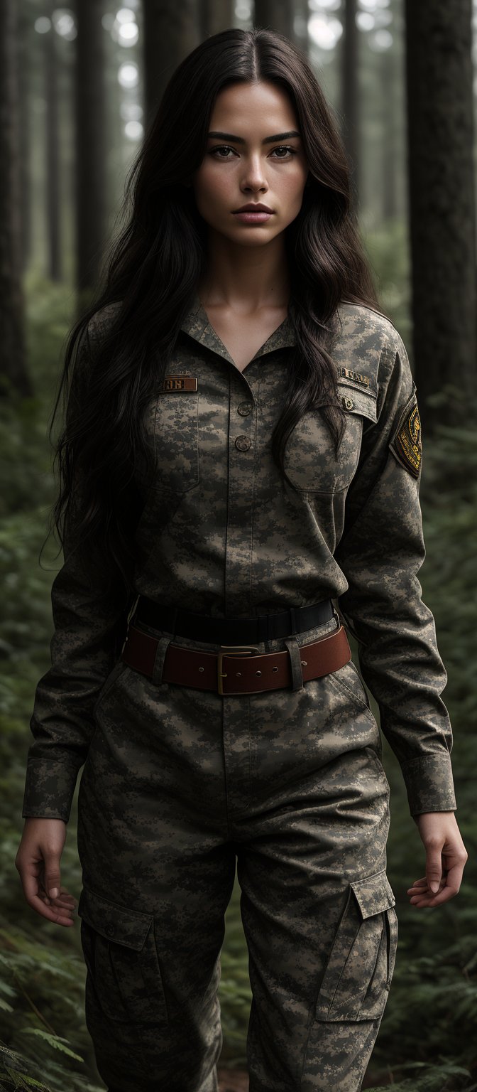 Generate hyper realistic image of a woman with long, straight, dark brown hair that flows freely down her back. She is wearing a full military uniform in camouflage pattern, which includes a long-sleeved shirt and matching pants. The uniform fits snugly, emphasizing her athletic and curvaceous figure. The outfit is complete with a belt and insignia on her sleeve. The setting is in forest.