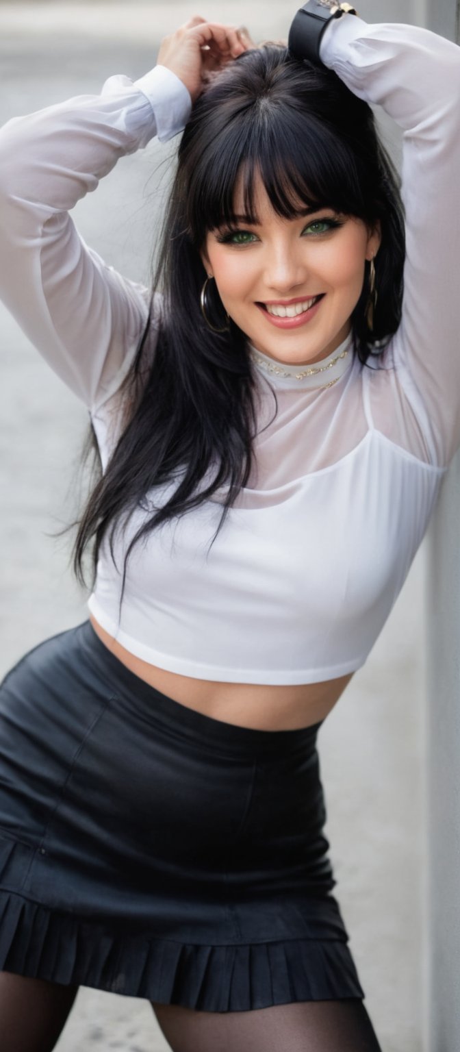 Generate hyper realistic image of a woman with long hair and bangs, gazing at the viewer with green eyes and a closed mouth smile. She is adorned in a white shirt with long sleeves, a black skirt, and a crop top that highlights her midriff. The woman wears thighhighs, earrings, a choker, and a necklace, and she has a bracelet on her wrist. Sitting gracefully with an arm up, she exudes charm with her black hair cascading down. Her attire is stylish, featuring a see-through top and white thighhighs, completing her smilling look.