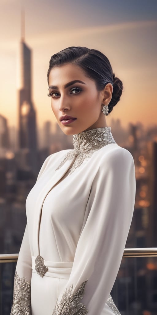 Generate hyper realistic image of a scene featuring a cosmopolitan and sophisticated Arab woman with a sleek updo, dressed in elegant modern attire, attending a high-profile fashion show with a glamorous city skyline as the backdrop.Extremely Realistic, up close, 