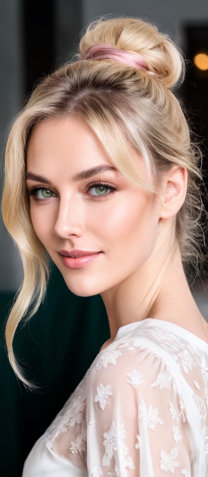 Generate hyper realistic image of a woman with long blonde hair cascading down her shoulders. She gazes directly at the viewer with green eyes, a soft blush on her cheeks, and a gentle smile playing on her lips. Her hair is adorned with a delicate scrunchie, and wispy bangs frame her face. She stands confidently in a white off-shoulder shirt, revealing a hint of cleavage and bare shoulders.