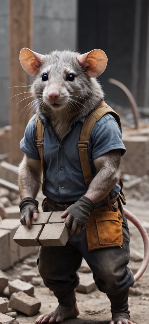  create a Bunch of rat with mens body.carrying bricks    in construction site, visible tails, wearing work safety outfit and helmet, , sharp focus, . ,Movie Still,more detail XL