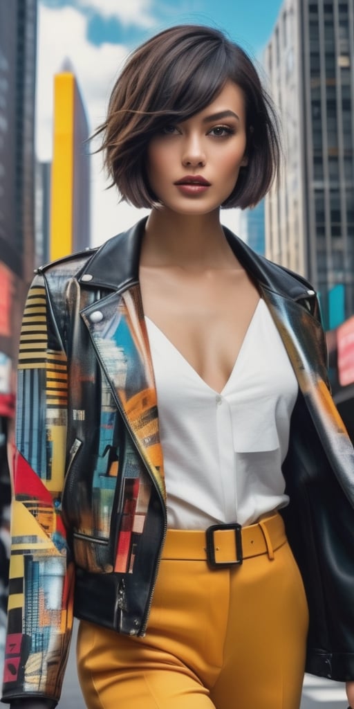 Generate hyper realistic image of a fashionable woman with a chic bob haircut, wearing modern urban attire, walking through a bustling cityscape with skyscrapers and vibrant street art, exuding confidence and contemporary style.photography style,Extremely Realistic,