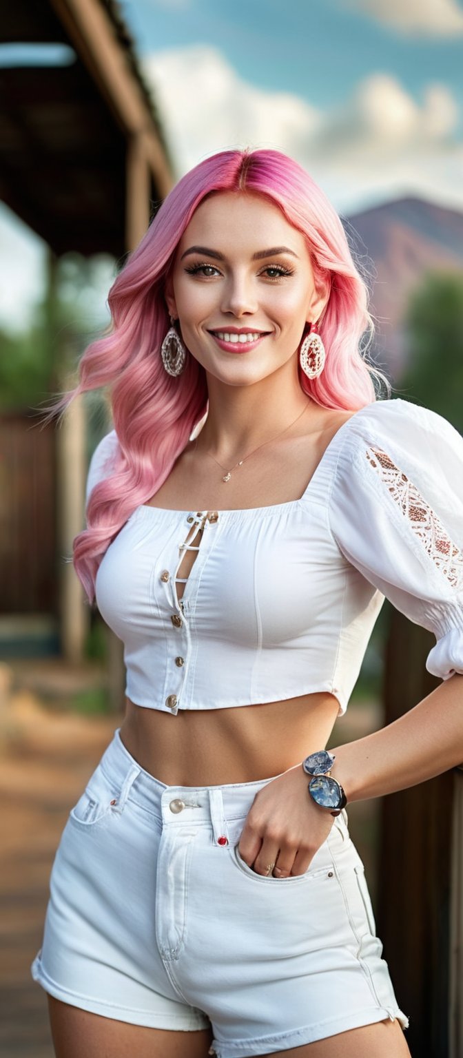 Generate hyper realistic image of a woman with long pink hair styled in a braid, with bangs gently resting on her forehead. She stands outside, smiling at the viewer while wearing a white shirt with puffy sleeves and high-waist shorts. The shirt has long sleeves that puff out, creating a stylish appearance. A ring adorns her finger, and she has earrings that catch the light. Her hair cascades over one shoulder, and the background is blurry, making her the focal point of the cowboy shot.